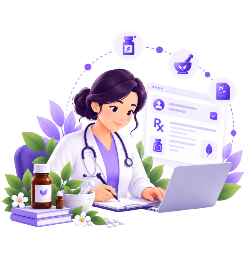 A doctor writing a homeopathic prescription on a laptop